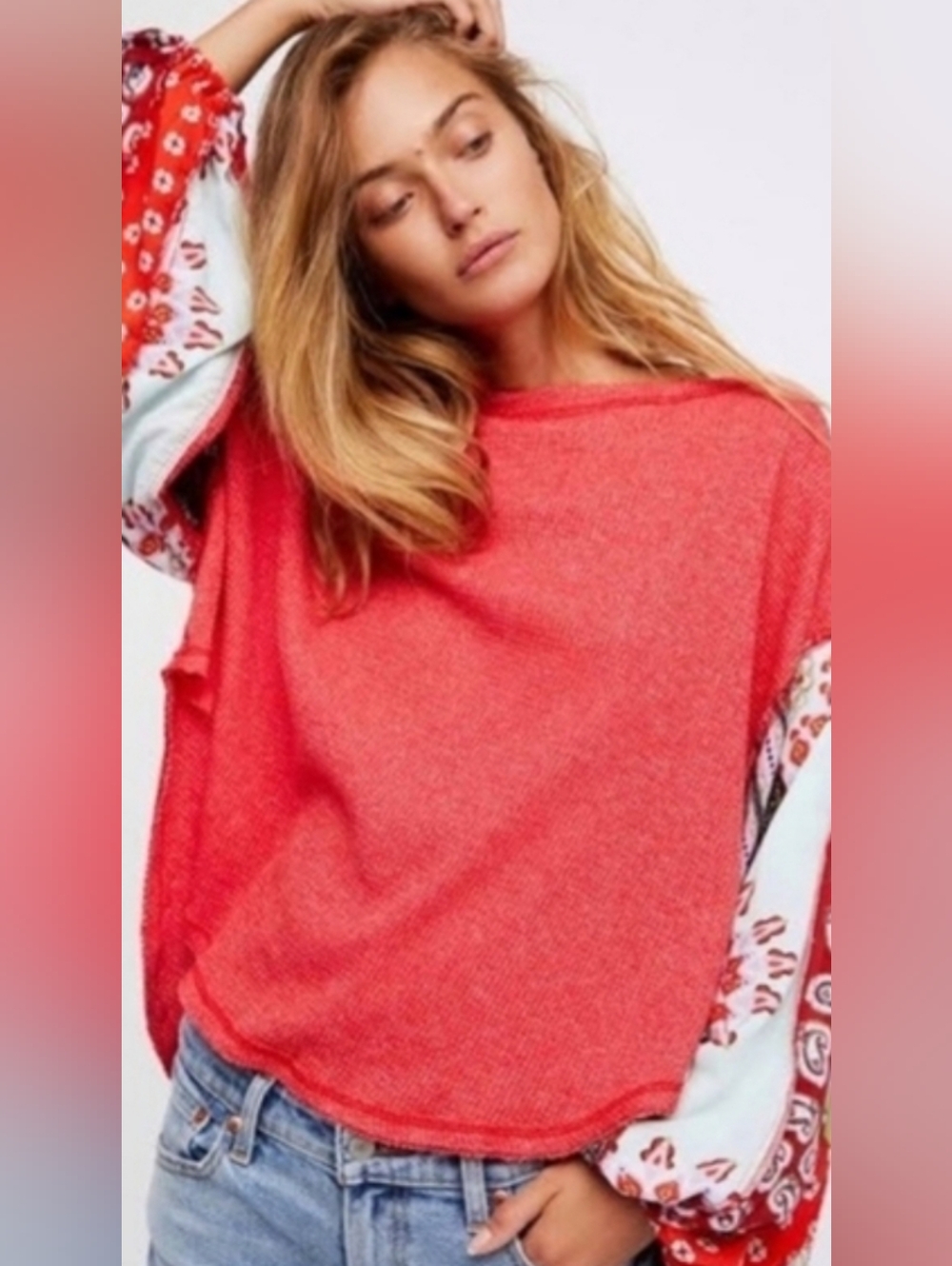Free People We The Free Waffle Knit Boho Sleeves Blossom Top Oversized M